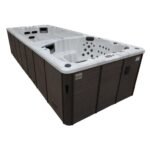 Canadian Spa Co 17 – Person 73 – Jet Acrylic Rectangular Hot Tub with Ozonator and Built-In Speaker in Sterling Silver, Walnut