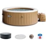 Intex: PureSpa: Sahara Tan Inflatable Hot Tub Set – 6 Person – 85″ Round Outdoor Heated Bubble Spa, Jet Massage, Cover, Hard Water Treatment System